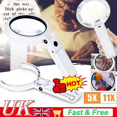 5/11x Magnifying Glass + 8 LED Stand Lamp Hands Free Magnifier Foldable Light • £9.19