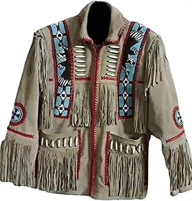 Men Native American Brown Western Cowboy Leather Jacket Suede Fringe & Beaded • $109.99