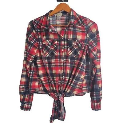 Passport Women's Red Plaid Tie-Front Long Sleeve Collared Crop Shirt Size Large • $24