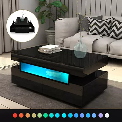 Modern LED Lights Coffee Table Storage Shelf 4 Drawers High Gloss Wooden Black • $189.95