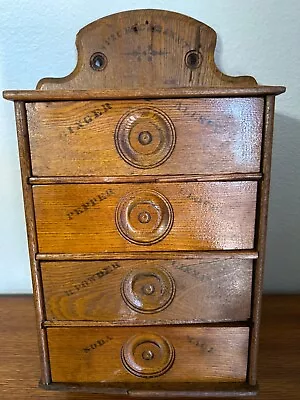 Antique 1920s (approx) Spice Box Rack Wood Labeled Drawers Cabinet Rare • $85