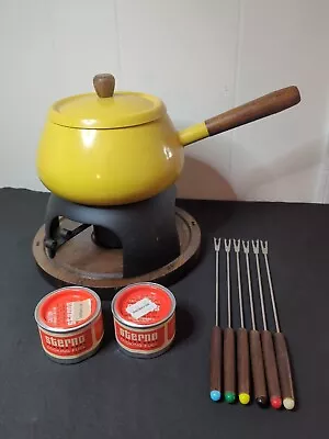 Vintage Retro 70s Japan Yellow Enamel Aluminum Fondue Pot 6 Forks 2 Qt Wood Base • $44.99