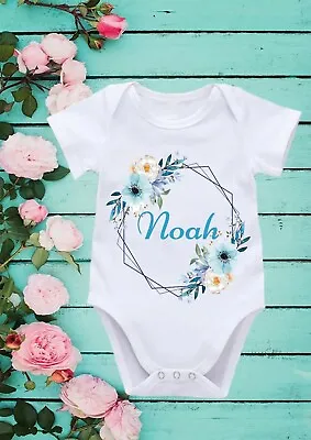 Personalised Name Floral Wreath Cute Baby Boy Vest Baby Shower Gift 220 • £7.99