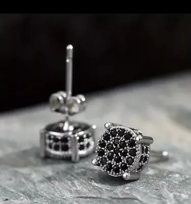 Micro Pave 14K White Gold Plated Black Cubic Zirconia Men Women Cluster Earrings • $10.95