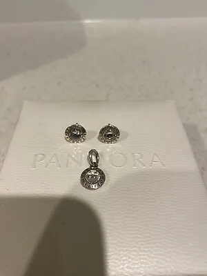 $50 • Buy Pandora Logo Retired Pendant And Earrings Sterling Silver 925 Cubic Zirconia
