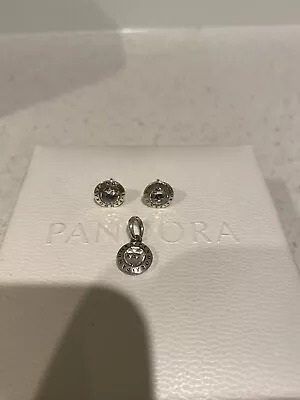 $50 • Buy Pandora Logo Retired Pendant And Earrings Sterling Silver 925 Cubic Zirconia