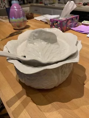Vintage White Cabbage Soup Tureen + Lid -and Cabbage Ladle. 11” Across • $8