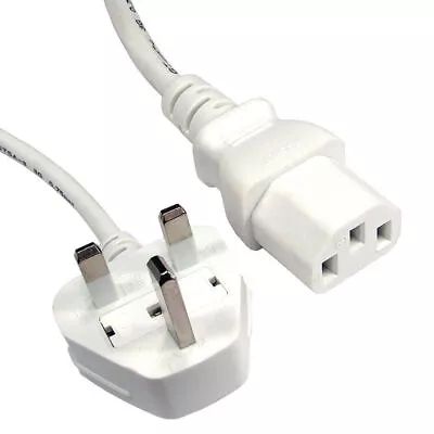 Power Cord UK Plug To IEC Cable (PC Mains Kettle Lead) C13 2m Black White • £3.49