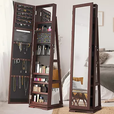 360° Swivel Wood Jewelry Cabinet Lockable Armoire Full Length Mirror W/Shelves • $119.99