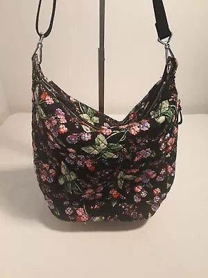 Flowered Vera Bradley Bag Purse Black Pink Purple Flowers • $19.99