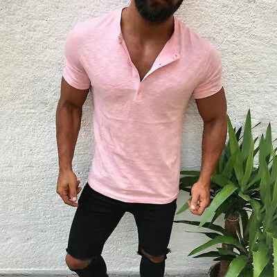 Men Short Sleeve T-Shirt Summer Casual Solid Slim Fit Tops V Neck Muscle Tops • $24.99