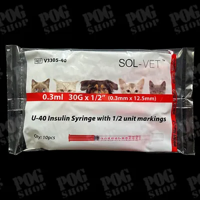 SOL-VET U-40 0.3ml 30G X 1/2  Syringe With 1/2 Unit Markings Pack Of 10 • £6.99