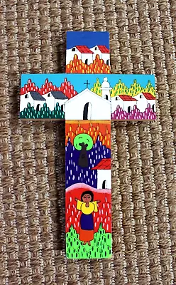 Handcrafted Wooden Cross From El Salvador Hand Painted Folk Art 10” X 6  • $9.95