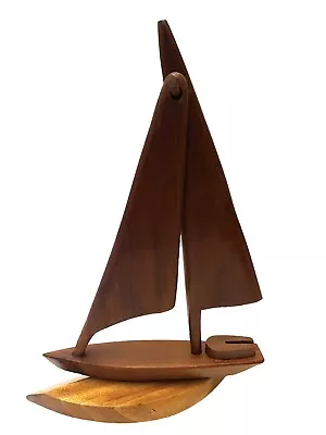 Vintage Mid Century Modern Handcarved Teak Wood 13” Sailboat Nautical Sculpture • $75