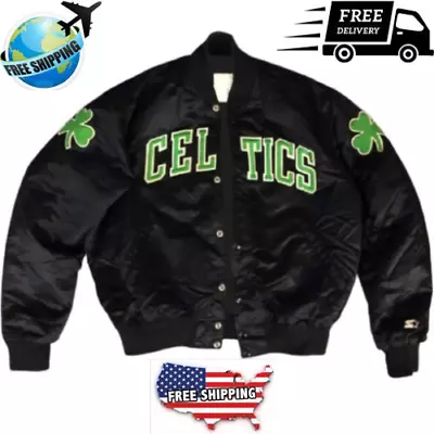 Boston Celtics Starter Bomber Black Varsity Satin Vintage Baseball Men's Jacket • $95.99