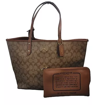 Coach 2 In 1 Signature C Reversible City Tote Brown Monogram Bag Purse & Wallet • $59.99