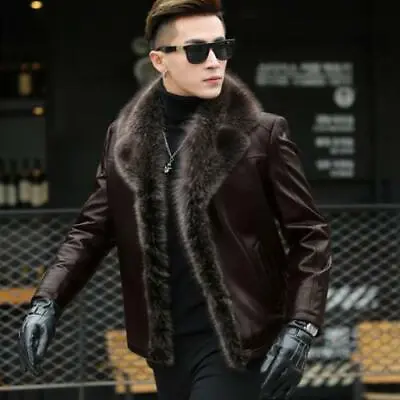 Men Raccoon Fur Collar Real Sheepskin Leather Jacket Leather Fleece Lined Coat • $322.13