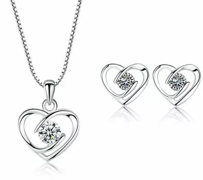 £3.99 • Buy 925 Sterling Silver Crystal Heart Swirl Pendant Chain Necklace Stud Earrings UK