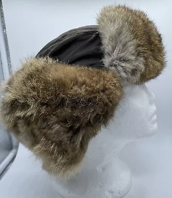 Crowncap Canada Authentic Rabbit Fur Trapper Hat Aviator Brown Tie Ear Flaps EUC • $22.77