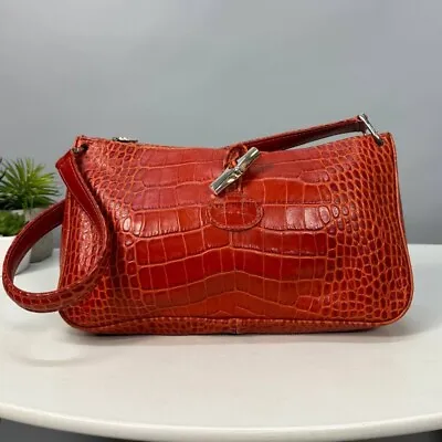 Longchamp Roseau Orange Red Croc Embossed Leather Shoulder Bag Toggle Zip • $150