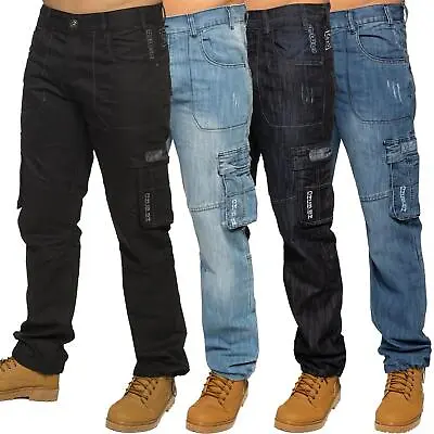 Enzo Combat Jeans Mens Cargo Denim Trousers Casual Work Pants All UK Waist Sizes • £19.99