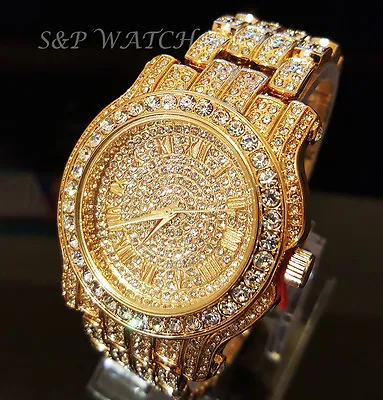 Men Hip Hop Iced Gold PT Rapper's Bling Luxury Lab Diamond Clubbing Metal Watch • $25.99