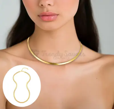 £3.99 • Buy Women Flat Herringbone Snake Chain Gold Plated Fashion Choker Necklace Jewellery