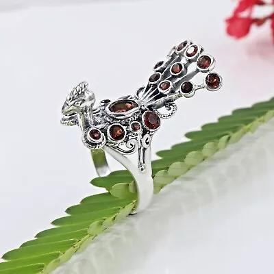 925 Sterling Silver Filigree Art Peacock Design Red Garnet Women Cocktail Ring • $67.99