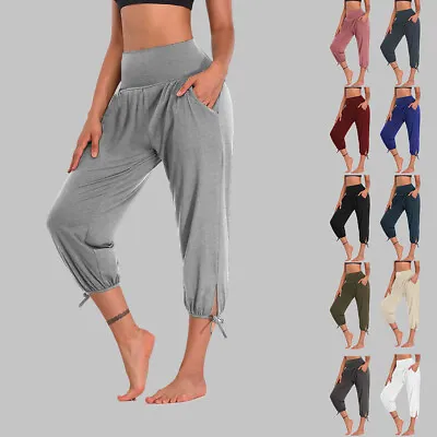 Womens 3/4 Length Cropped Capri Pants Yoga Gym Joggers Bottoms Trousers Joggings • £12.89