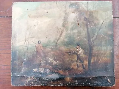 £125 • Buy Georgian Oil Painting Hunting Scene Men Wearing Top Hats & Dog C 1800 -1820 