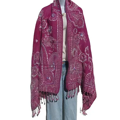 Shawl | Embroidery | Yak + Sheep Wool Blend | Stitched| Handmade | Plum & Ivory • $82.80