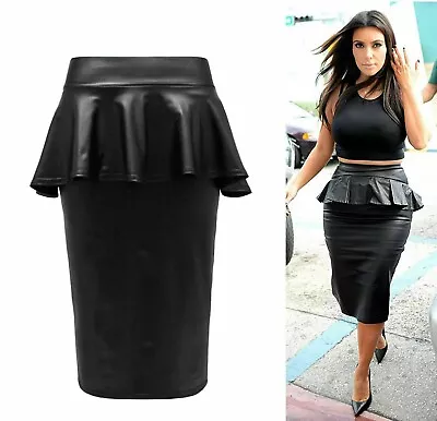 Ladies Frill Peplum PU PVC Skirt Wet Look Faux Leather Bodycon Mini Skirts • £6.70