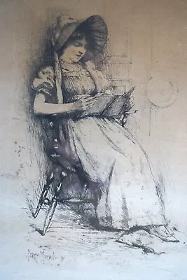 Antique Original Percy Moran Etching Woman Reading 1880's Framed • $34