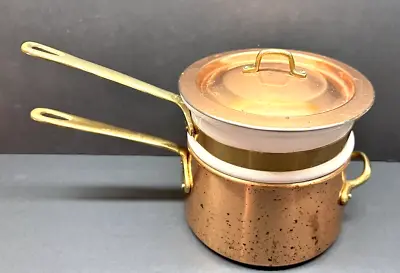 Vintage Copper With Porcelain Insert Brass Handles 2 Qt Double Boiler Pot • $95