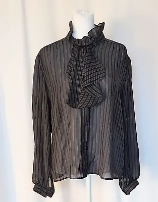 Phillip Lawrence Long Sleeve Sheer Button Neck Tie Striped Vintage Blouse Sz 16 • $34.99