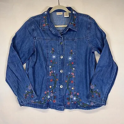 Vintage Bobbie Brooks Denim Embroidered Flower Button Down Shirt Women's Medium • $14.99