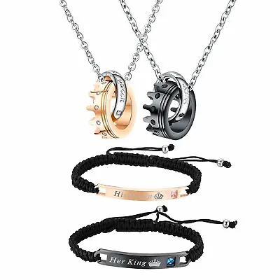 His Queen Her King Bracelet Crown Ring Matching Necklace Couples Jewelry Set • $18.99