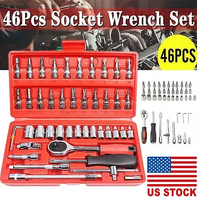 46PCS Socket Spanner Tool Kit Ratchet Wrench Set METRIC/SAE 1/4  Drive W/Case  • $14.09