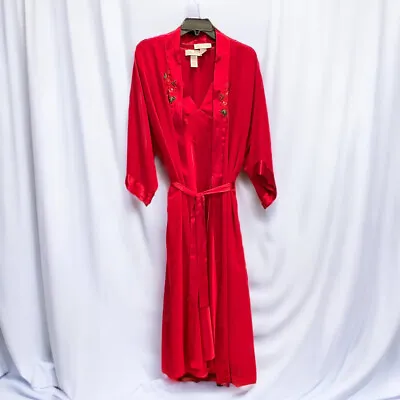 Val Mode Lingerie Negligee Robe Medium Sheer V Neck Floral Embroidered Red Satin • $17.49