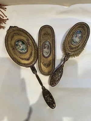 Vanity Set Brush Mirror Victorian French Ormolu Filigree Vtg Antique Hand Paint • $495