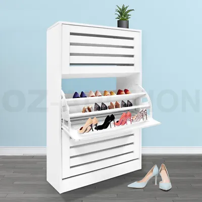 $129.95 • Buy Shoe Cabinet Shoes Storage Rack Organiser Wooden Shelf 3 Doors 45 Pairs White
