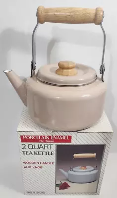 VTG RETRO Tea Kettle Porcelain Enamel 2 Quart POT BEIGE WOODEN HANDLE KNOB NEW!! • $19.99