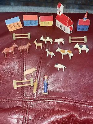 Lot 20 Antique Folk Art Putz Erzgebirge Village Chalets Church Animals People • $79.95