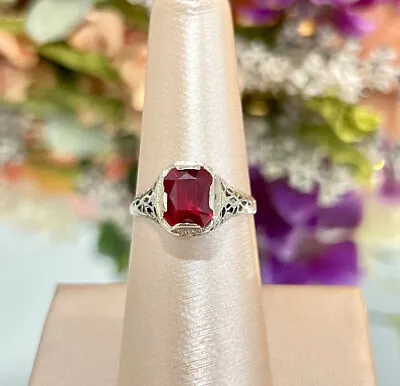 10k White Gold Vintage Lab Created Ruby Cocktail Ring Art Deco Filigree Band • $149.99