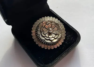 Vintage Jewellery Ornate Silver Flower Circular Tiered Brooch With Velvet Box • £22