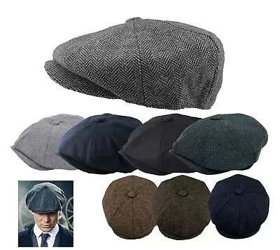 Peaky Blinders Hat Newsboy Flat Cap Herringbone Tweed Wool Baker Boy Gatsby • £13.86