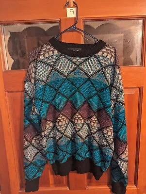 VTG 90s 3D Knit Sweater LARGE Blue Turquoise Fair Isle Expressions International • $24.95