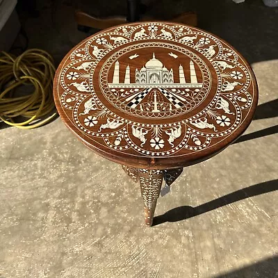 Antique Ornate Wood Inlaid Tea Table With 3 Elephant Head Legs • $1200