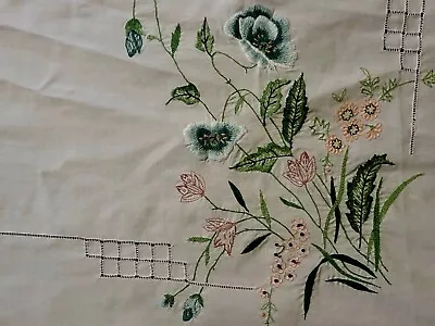 Vintage White Embroidered Tablecloth Blue & Pink Flowers. Scalloped Edge. Vtg • $39.98