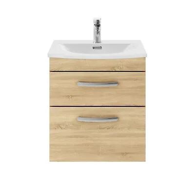 Nuie Athena 500mm Natural Oak Wall Hung 2-Drawer Basin Vanity Unit Bathroom • £214.95